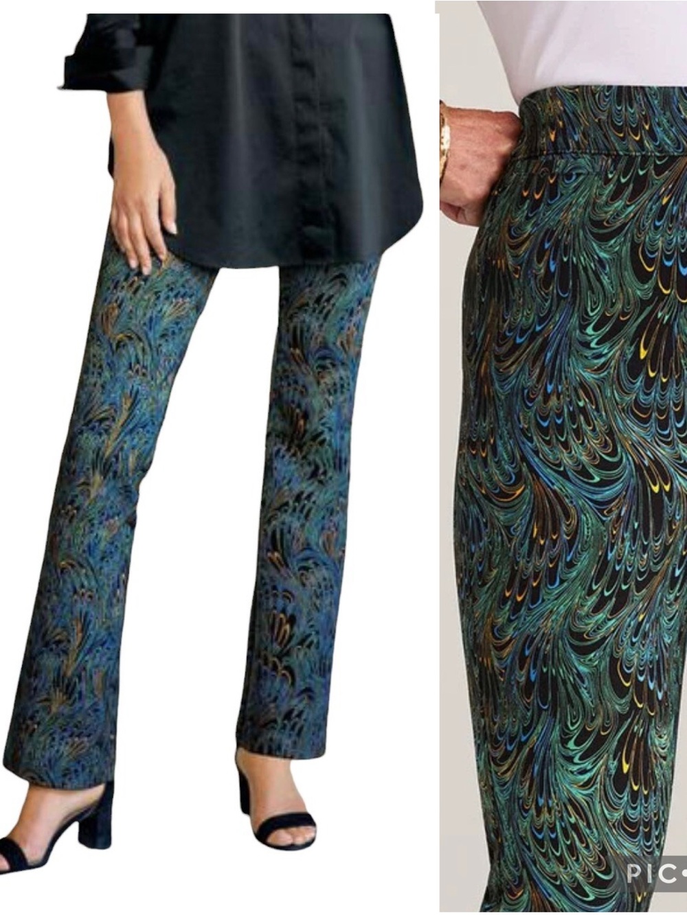 Soft Surroundings Black Marbled Peacock Straight-Leg Pants in size petite medium